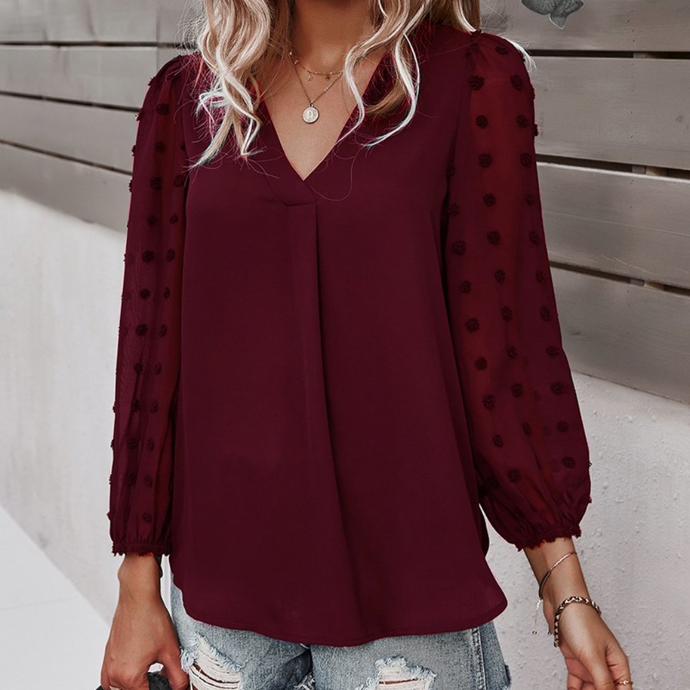V-Neck Solid Detailed Long Sleeve Blouse